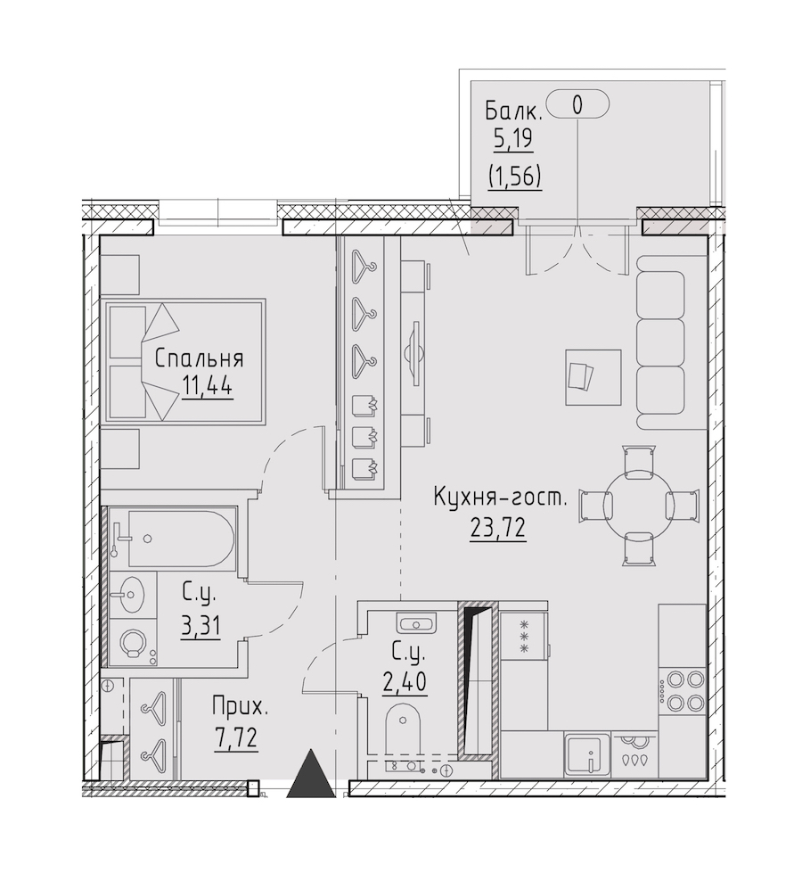 1-комнатная квартира 48.59 м², 7/9 эт., ЖК «LEGENDA Чёрная речка 41»